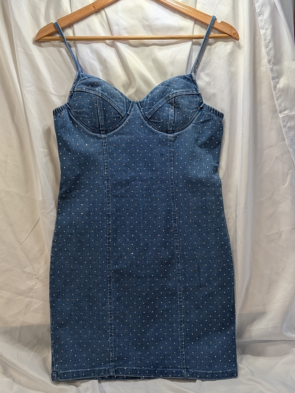 IRIS Denim Rhinestone Covered Bodycon Mini Zip Back Dress Size Large